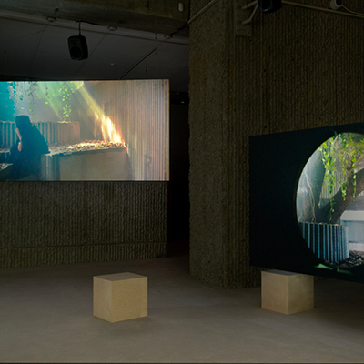 Exhibition gallery with two video screens