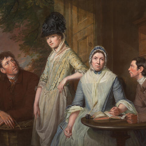 Painting of two men and two women in rural scene