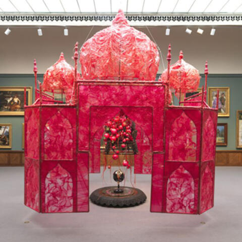 Bright pink sculpture in shape of Taj Mahal